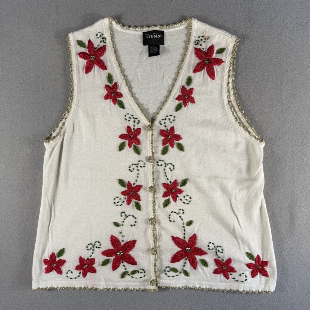 Studio Joy‎ Christmas Poinsettia Embroidered Vest Cardigan XL Red Green Gold
